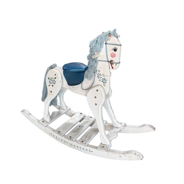 (76320007)ROCKING HORSE-White Horse w|Blue Hair & Painted Flowers