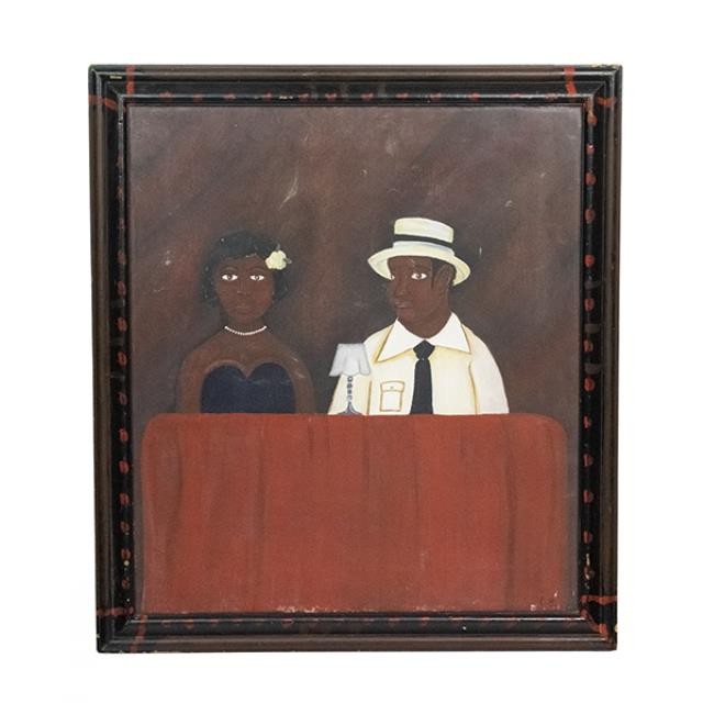 PAINTING-FR-Black Couple at Table/Red Table Clothe