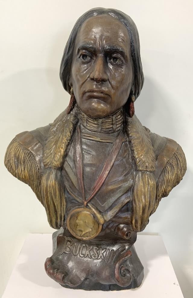 SCULPTURE-BUST NATIVE AMERICAN "BUCKSKIN" WAXED