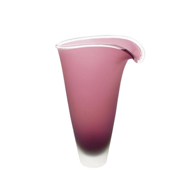 VASE-Frosted Dark Pink Glass W/Clear Glass Rim & Base