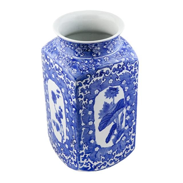 Sq Vase 12.5"H Blu/Wht Asian