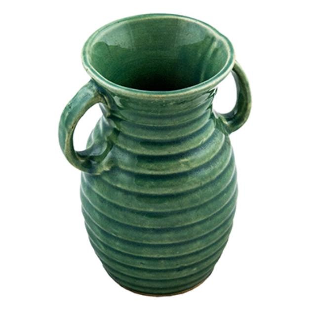 VASE-MCCOY-GRN GLAZE-RIB-HANDL