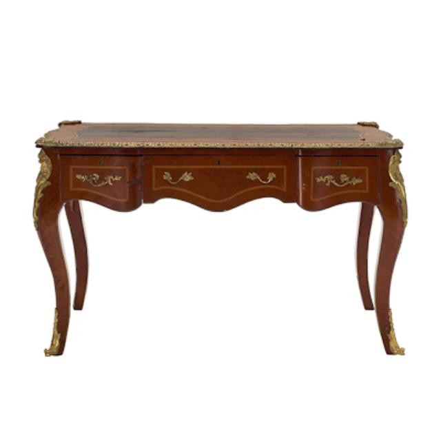 DESK-FRENCH-INLAID-BRASS/LEATHER