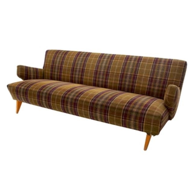 SOFA-Purple & Tan Plaid W/Wood Leg