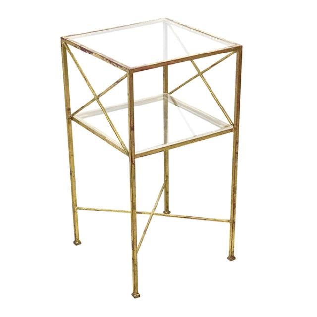 SIDE TABLE-Square Gold Leaf W/Open Shelve & Stretcher