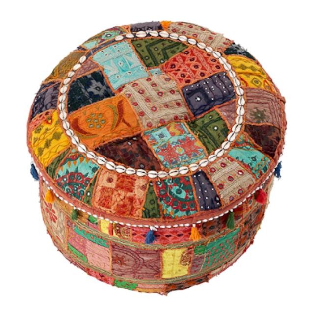 OTTOMAN-22"R-PATCHWORK-TASSLE