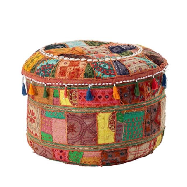 OTTOMAN-22"R-PATCHWORK-TASSLE