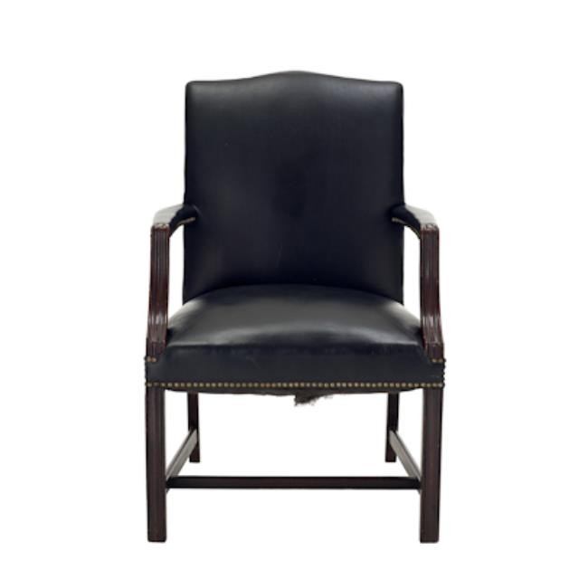 OFFICE CHAIR-Black Leather Straight Back W/Nail Heads