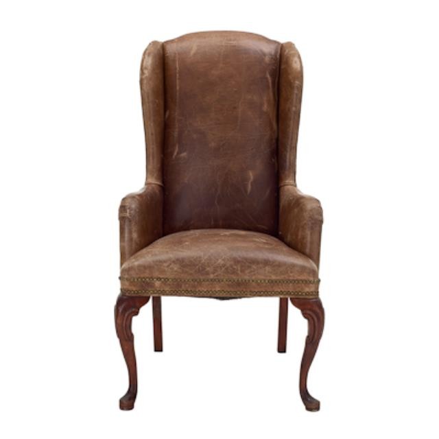 CHAIR-Wing-Distressed Brown Leather W/Wood Frame