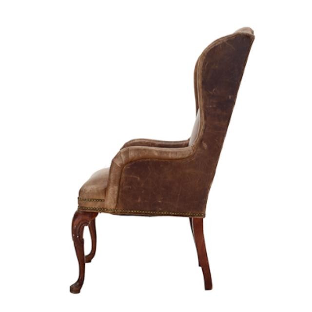 CHAIR-Wing-Distressed Brown Leather W/Wood Frame