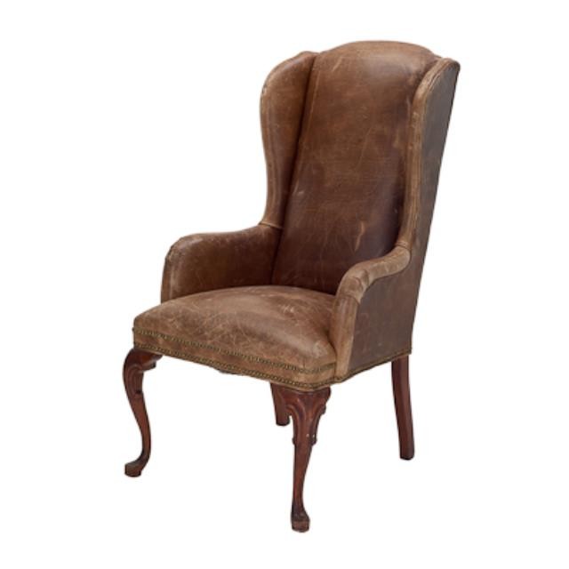 CHAIR-Wing-Distressed Brown Leather W/Wood Frame