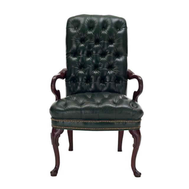 OFFICE CHAIR-Green Tufted Leather Arm W/Nail Heads