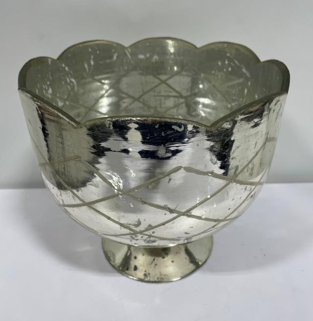 BOUQUET VASE-Mercury Glass W/Etching & Scalloped Edge
