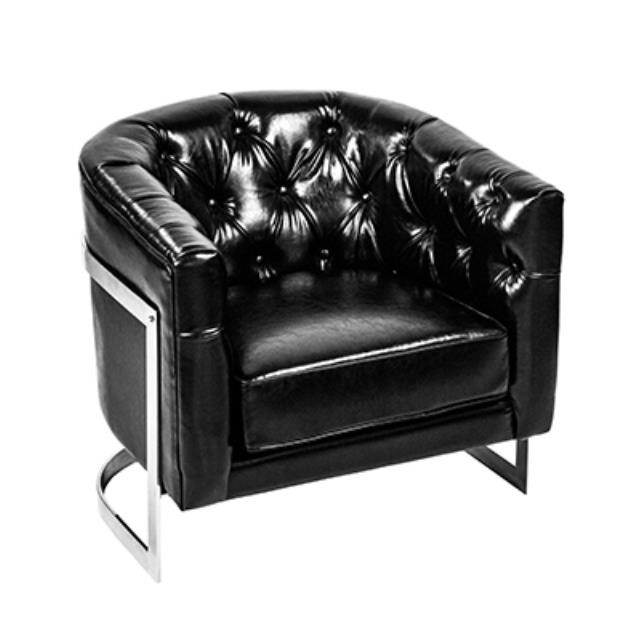 Tub Chair- Blk Leather Tufted