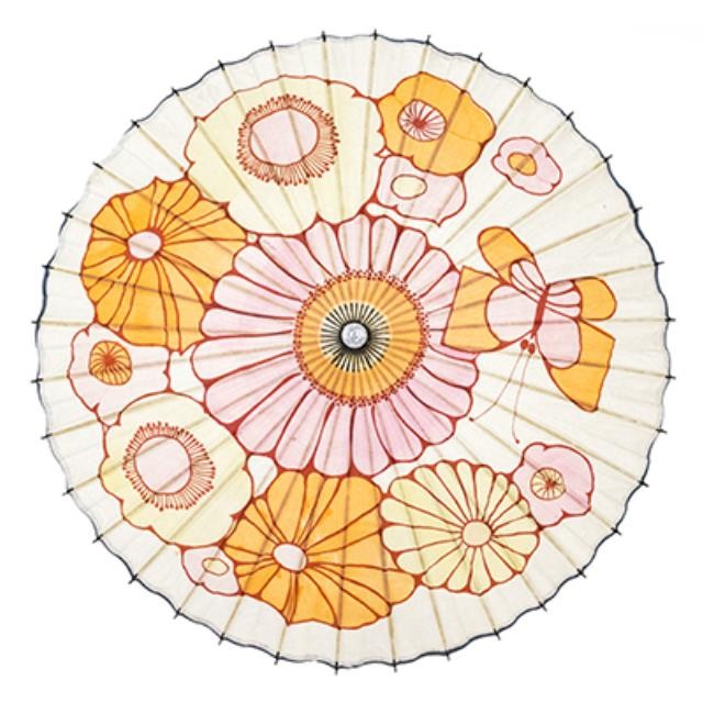 PARASOL-Vintage White W/Pink,Orange,Yellow Flowers & Butterfly