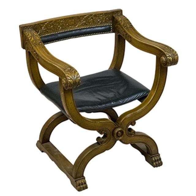 THRONE-Medival-X Base/Claw Feet W/Green Leather Seat