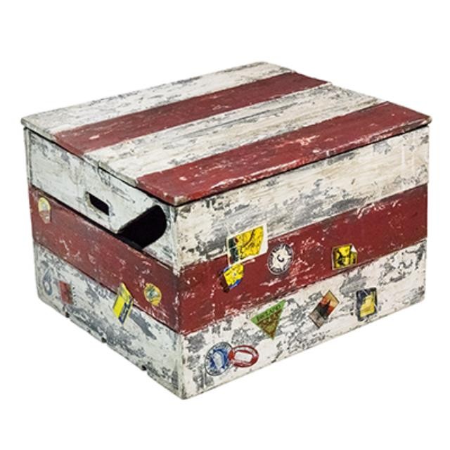 CRATE-Distressed Painted Red & White W/Travel Stickers