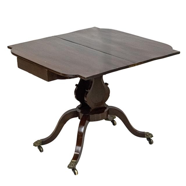 TABLE-Mahogany Flip Top Table/Brass Claw Feet