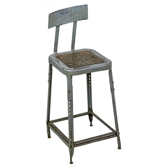 STOOL-Vintage Metal Industrial Shop Stool W/Back Rest/Distressed Gray