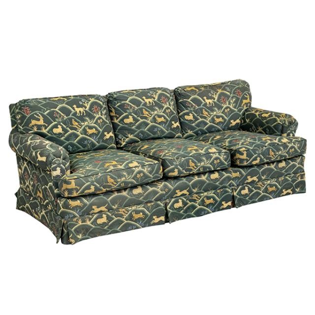 SOFA-Dark Green W/Hunting Motif-Deer & Hounds