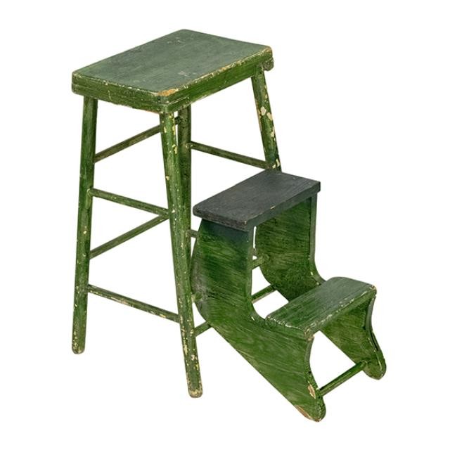 STEP STOOL- Vintage Distressed Green-Wood-Rustic