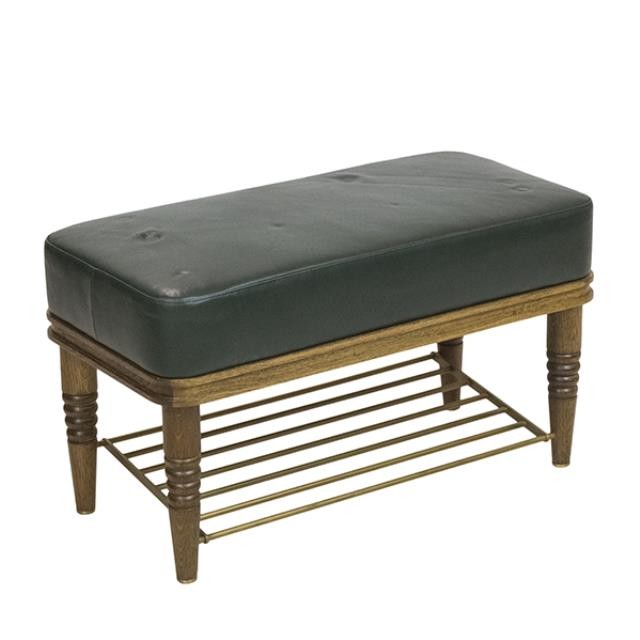 OTTOMAN-Green Leather W/Wood Base & Brass Rack