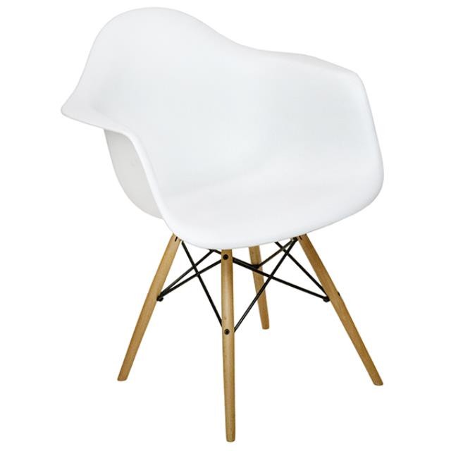 Arm Chair-White Molded Plastic W/Wood Eiffel Leg