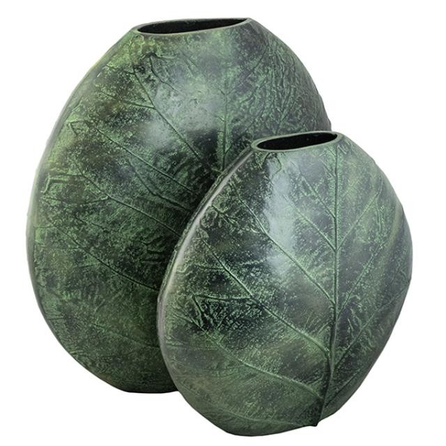 VASE-Tall Circular Dark Green Aluminum Leaf