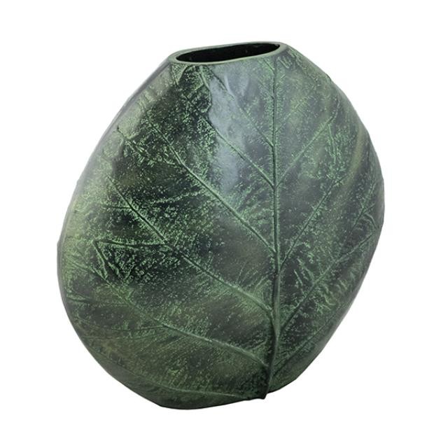 VASE-Tall Circular Dark Green Aluminum Leaf