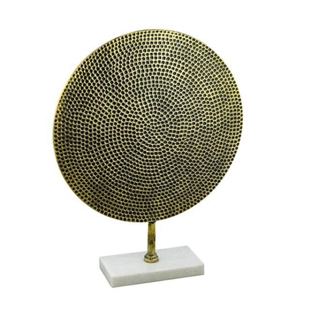 TEXTURED METAL SCULPTURE-Round Brass Colored Aluminum W/Circle Impressions