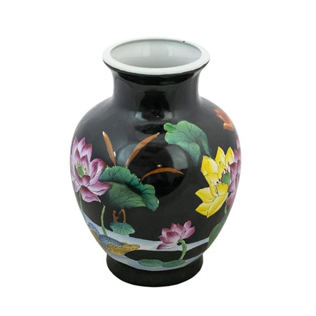 VASE-Urn Shaped/Black Glazed Ceramic W/Lilipads & Pink Flowers