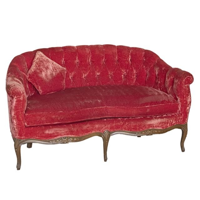 SETTEE-Tufted Crushed Red Velvet W/Wood Frame