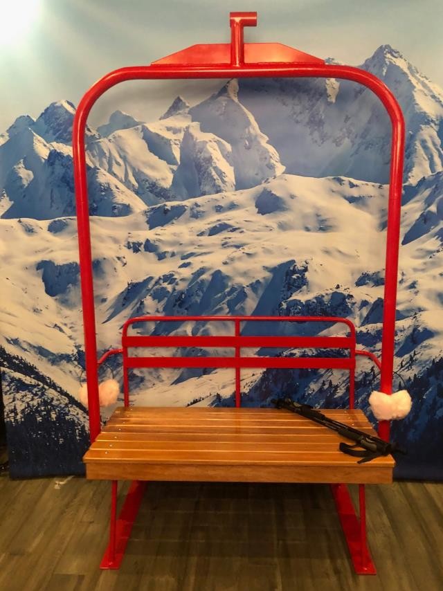 SKI LIFT-Chair/Red Metal Frame W/Wood Plank Seat