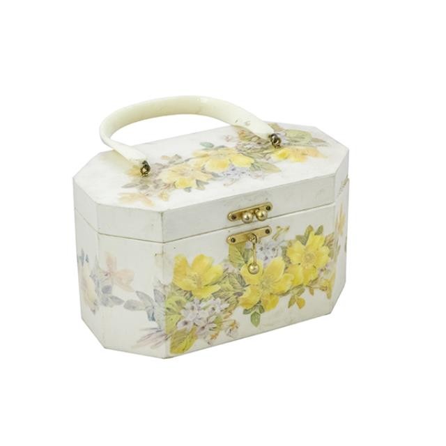 PURSE-Vintage Hard White Exterior Handbag-Gold Floral Decoupage