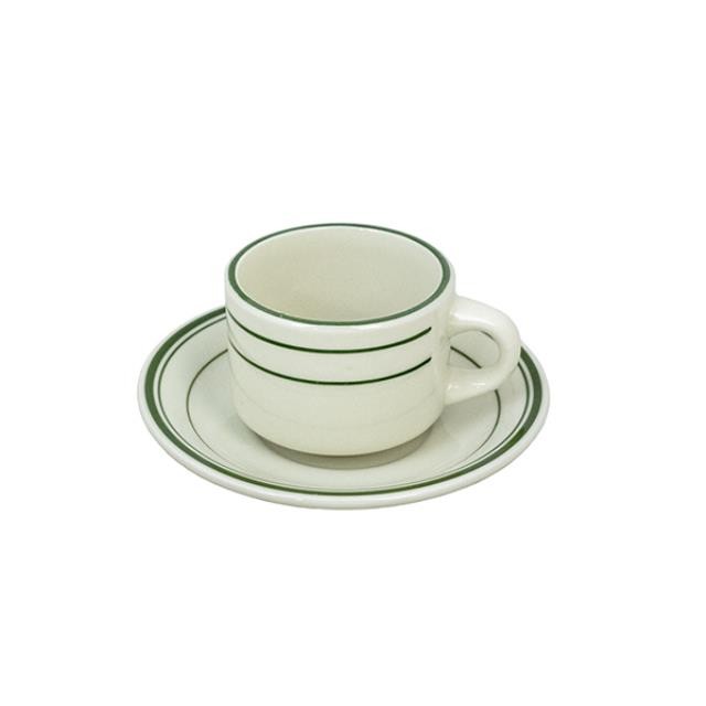 SAUCER-Diner Coffee Cup Saucer White W/Green Stripe