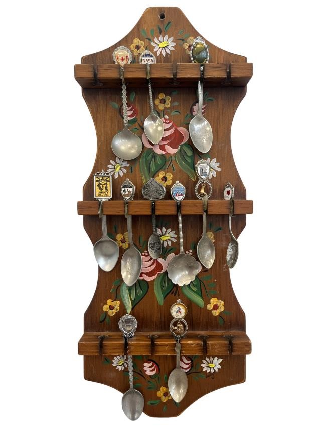 FLATWARE CADDY-Floral Wood/Souvenir Spoons
