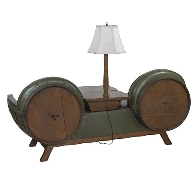 BARREL BENCH-(2) Green Leather Chairs W/Attached Table Lamp