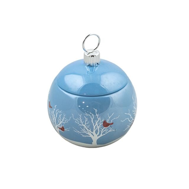 BOWL W/LID-Blue Christmas Ornament W/Cardinals & White Trees