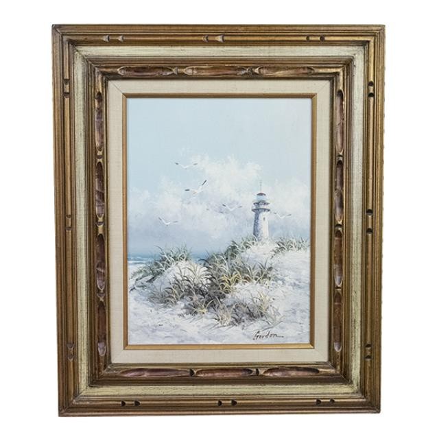 LIGHT HOUSE-Oil on Canvas in MidCentury Modern Frame