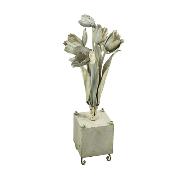 SCULPTURE-Distressed White Metal Tulips W/Square Base