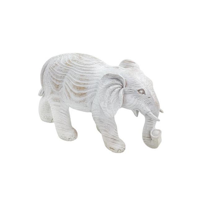 SCULPTURE-White Washed Wooden Elephant W/Tusks