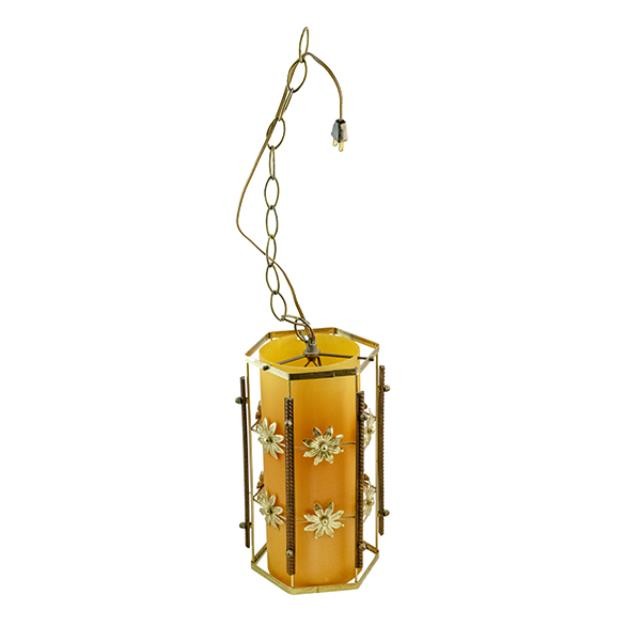 LAMP-HANGING-Amber/Brass-Flowers-Hexagon