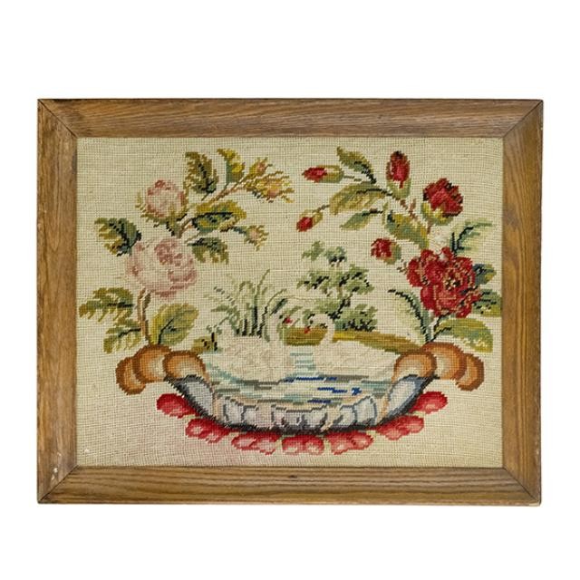 NEEDLEPOINT-Swans in Bowl w/ Flowers