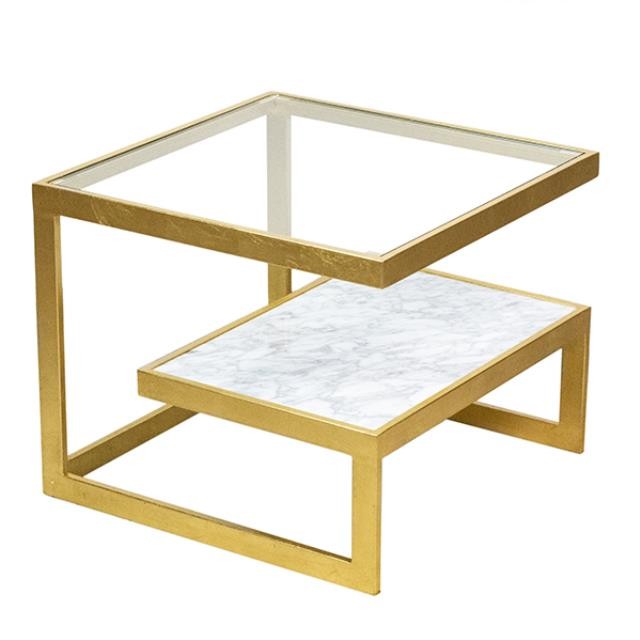 GOLD COFFEE TABLE-Cutout W/Marble Under Shelf