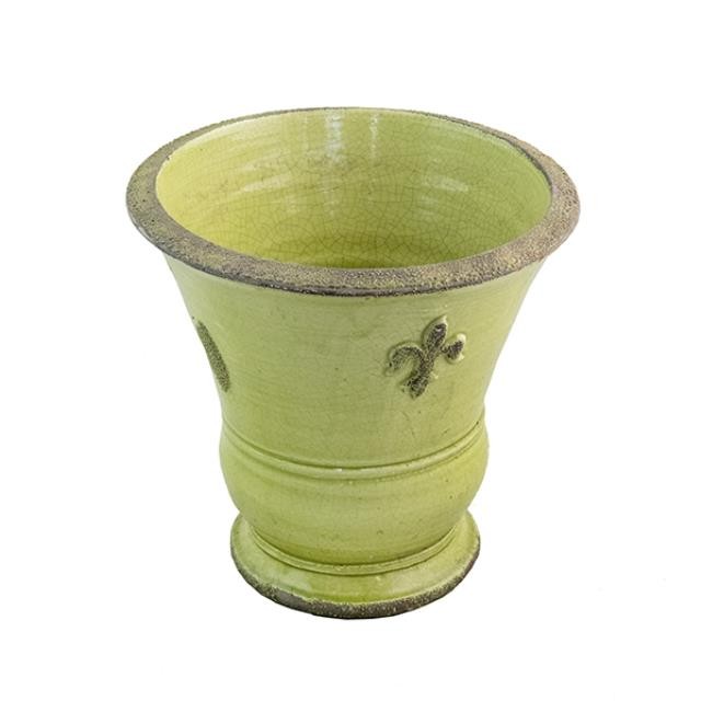 CERAMIC PLANTER-Celedon W/Fleur De Lis