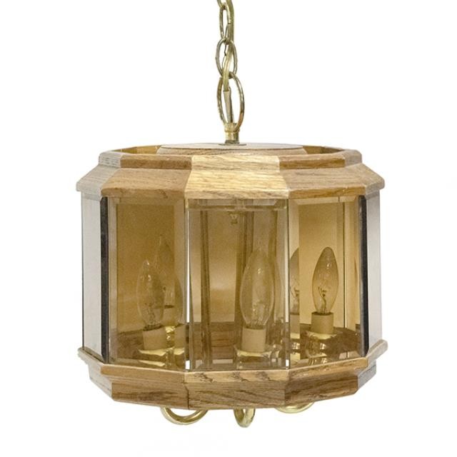 HANGING LAMP-Vintage Decagon/Wood & Smoked Glass
