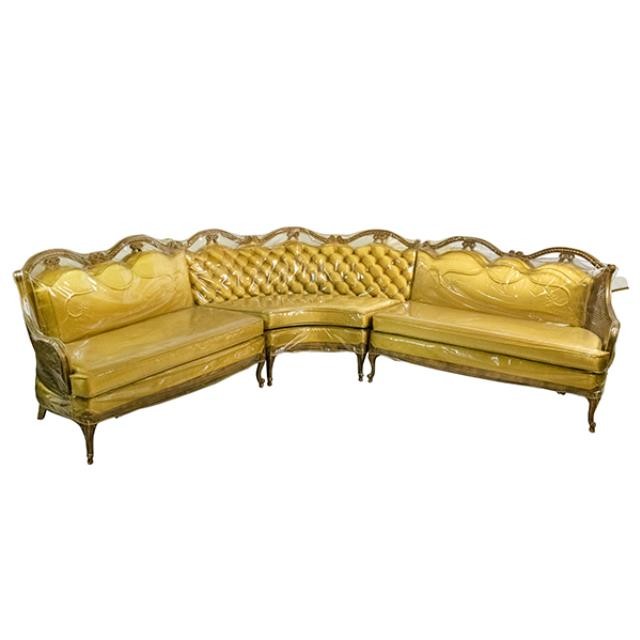 CHAISE RAF-Vintage Gold Fabric W/Tufted Design & Fruitwood Frame