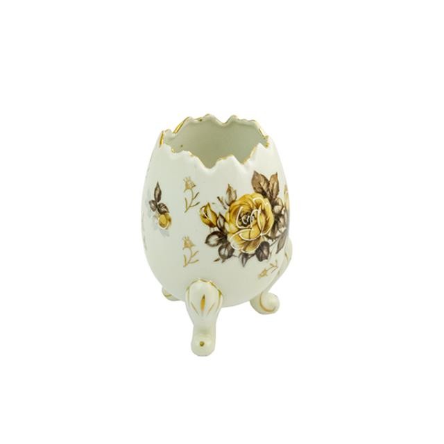 VASE-Broken Egg W/Tri-pod Base & Brown/Gold Floral Accents