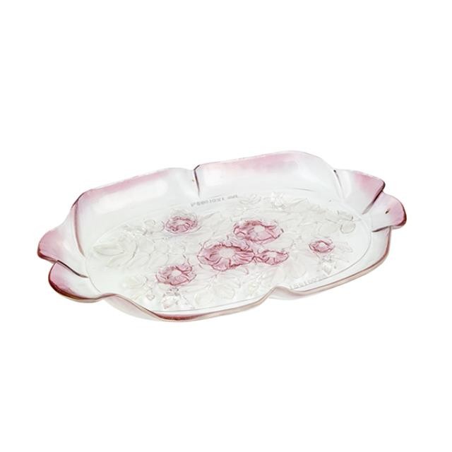 PLATTER-SERVING-Pink Ombre Glass w/Waved Edges & Flowers