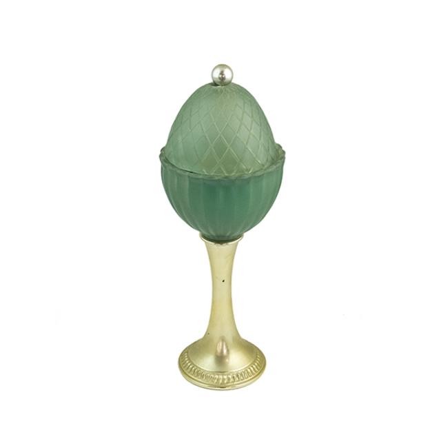 CANDLE HOLDER-Regence Green Egg Glass w/Gold Pedestal